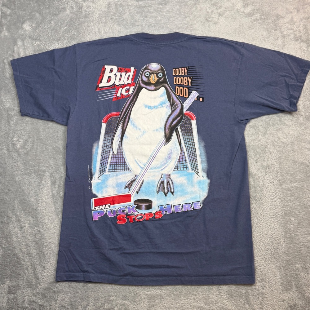 Vintage Bud Ice T Shirt Mens L Blue Penguin Hockey Beer Promo 90s